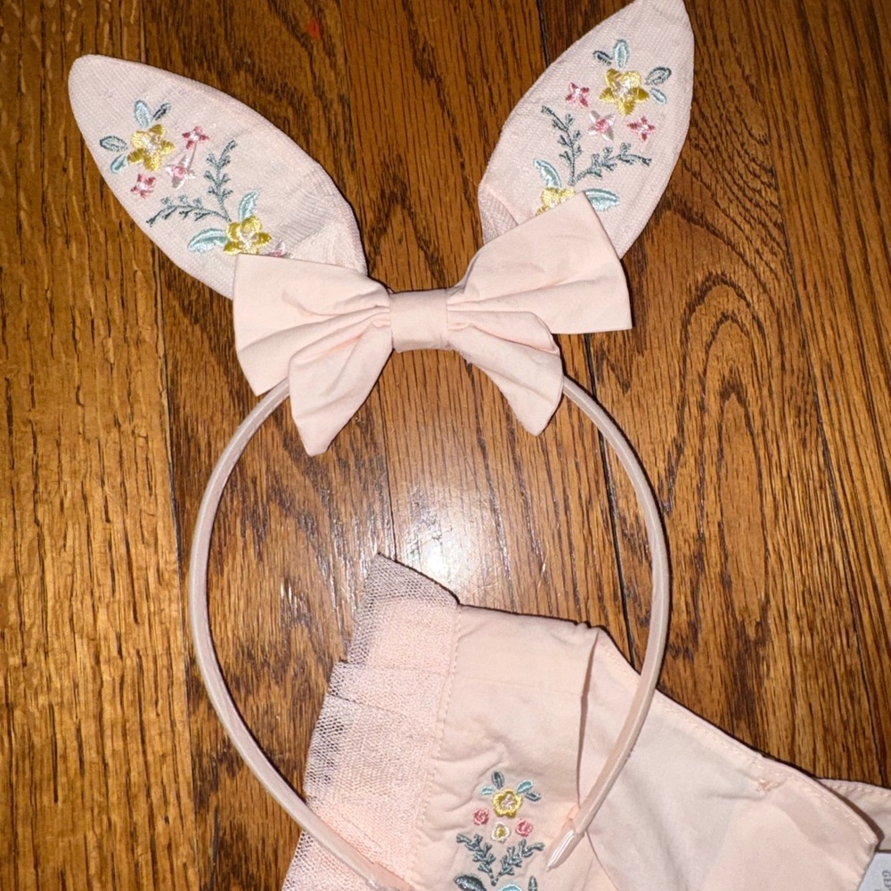 Tahari Pink Tulle Easter Dress with Floral Embroidery and Bunny Headband 24M - Picture 4 of 4
